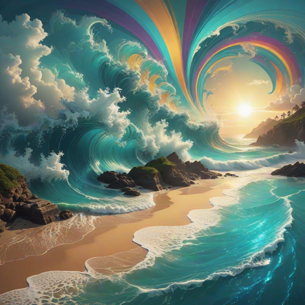 Teal Beach Waves with Rainbows: Digital Matte Painting