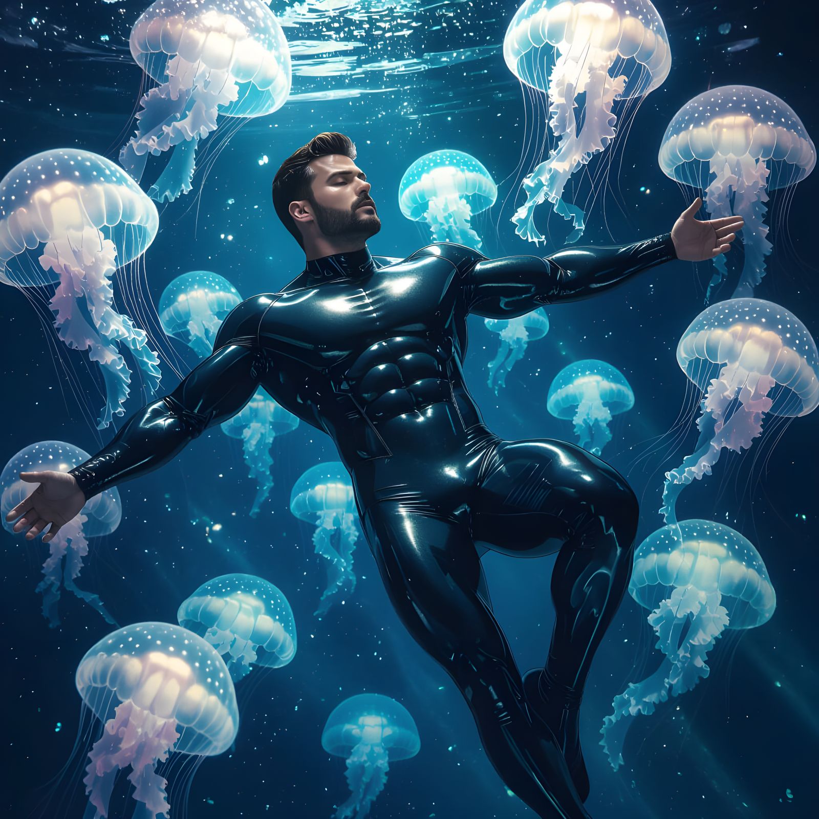 Man in Latex Suit Surrounded by Bioluminescent Jellyfish