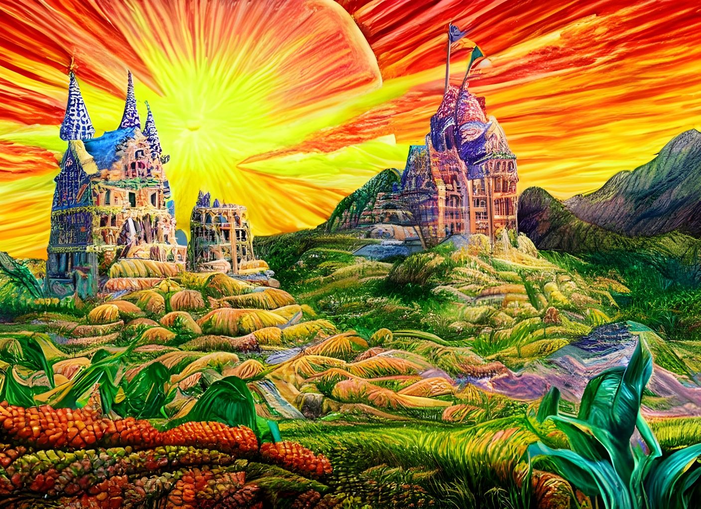Realistic Dream State Watercolor of Epic Maize Castle