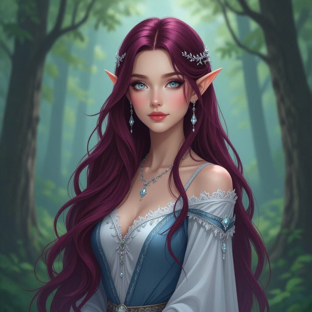 Kida in Forest with Burgundy Hair, Art Nouveau Style