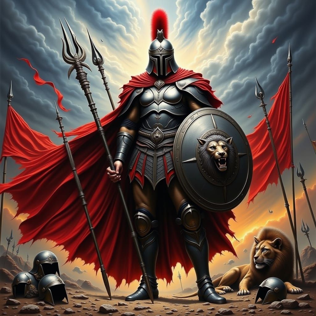 Epic Armored Warrior in Stormy Landscape Oil Painting