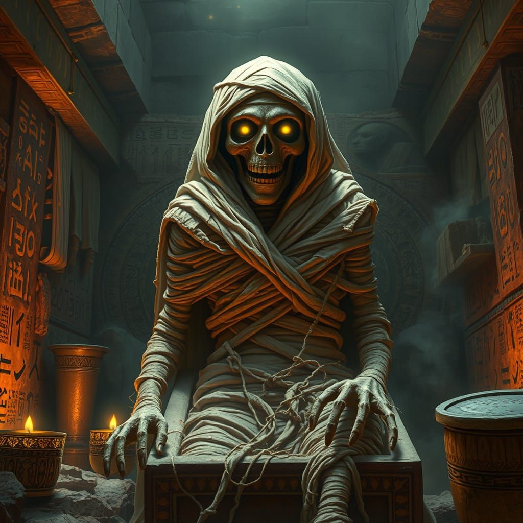 Ancient Egyptian Mummy Rising from Sarcophagus