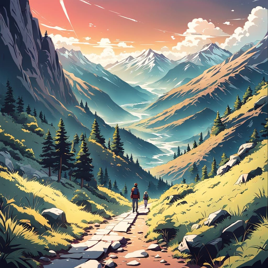 Anime Style Figure Walking Mountain Path