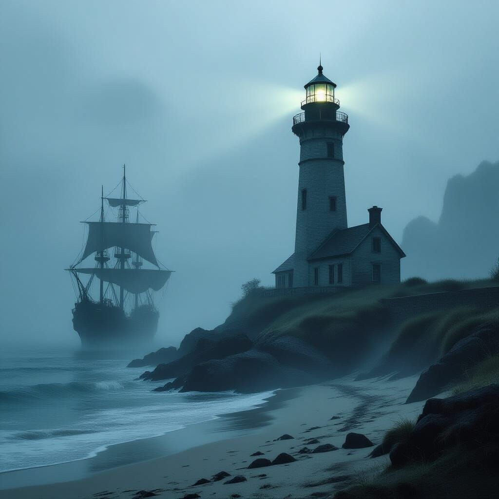 Lighthouse and Ghost Ship in the Fog