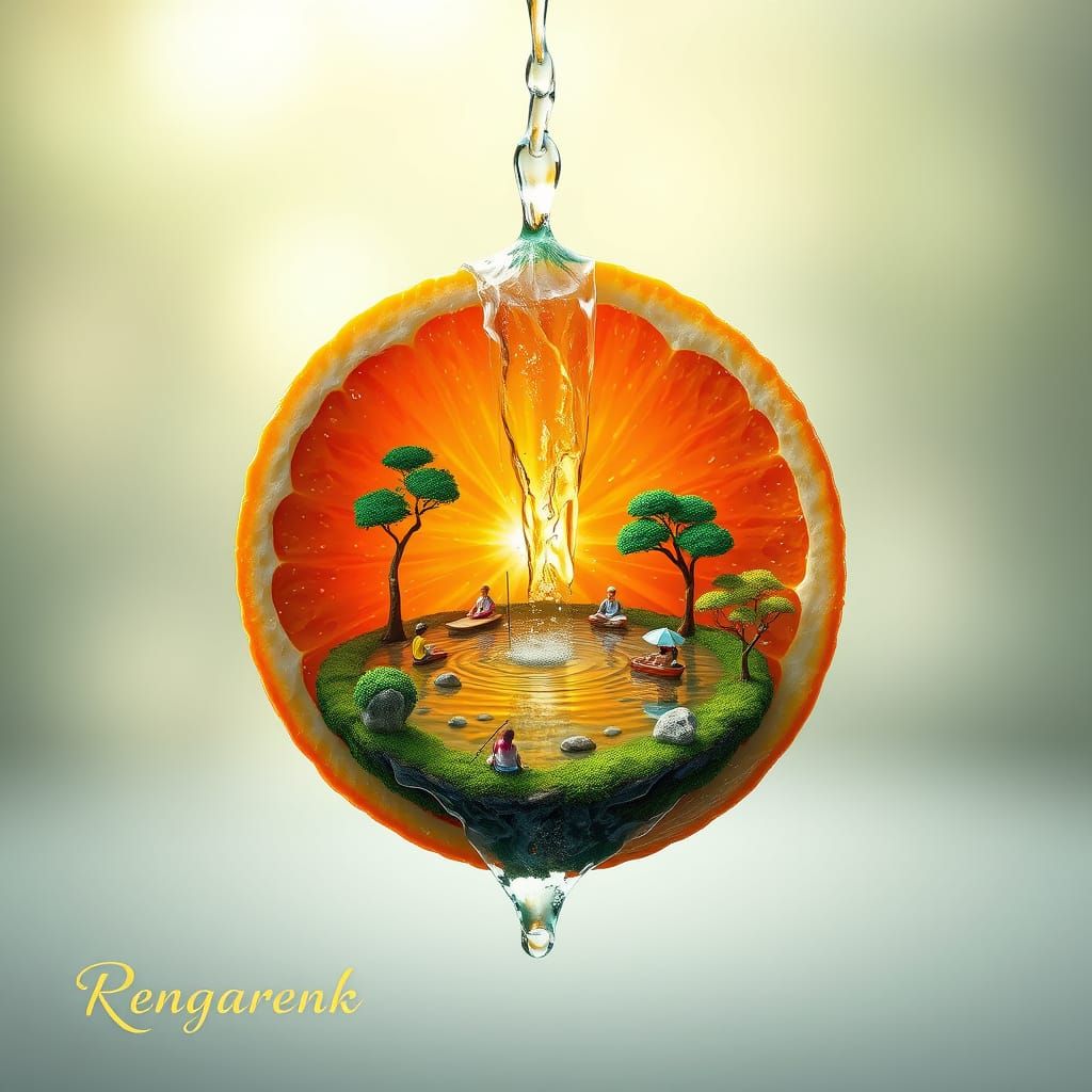 Surreal Digital Artwork: Miniature Orange Landscape with Cas...