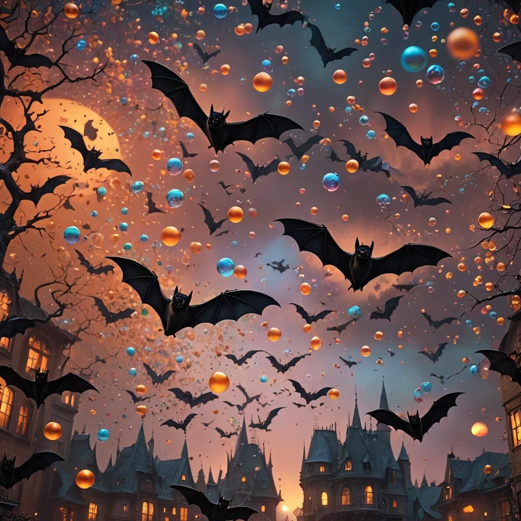 Surreal Bats Emerge from Iridescent Bubbles in a Dreamlike V...