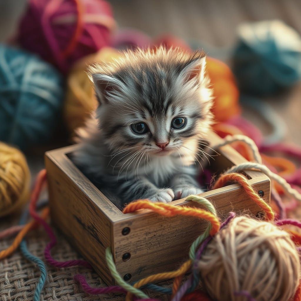 Cute Baby Cat Surrounded by Fluffy Wool Balls in Macro Photo...