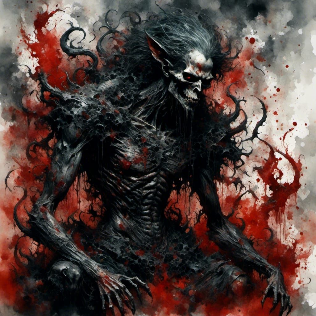 A Tragic, Blood-Red Demon in Watercolor