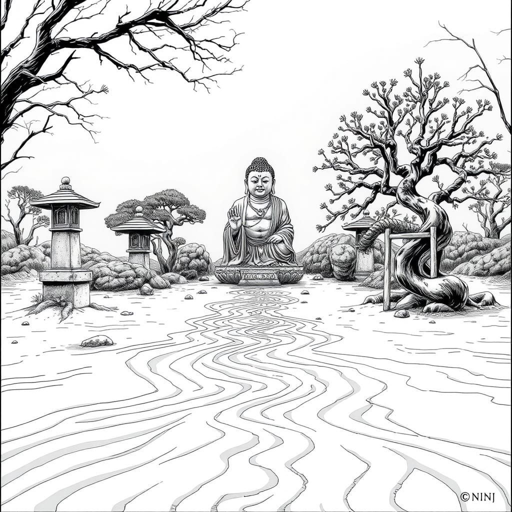 Disturbing Zen Garden with Sinister Buddha in Manga Style