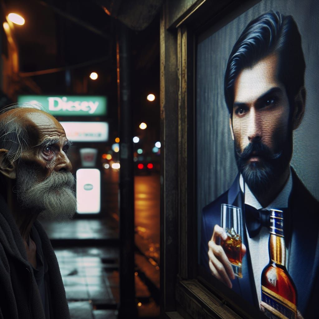 A grizzled alcoholic stares at a TV screen in a shop window depicting an ad of  an elegant man holding a glass of whisky...