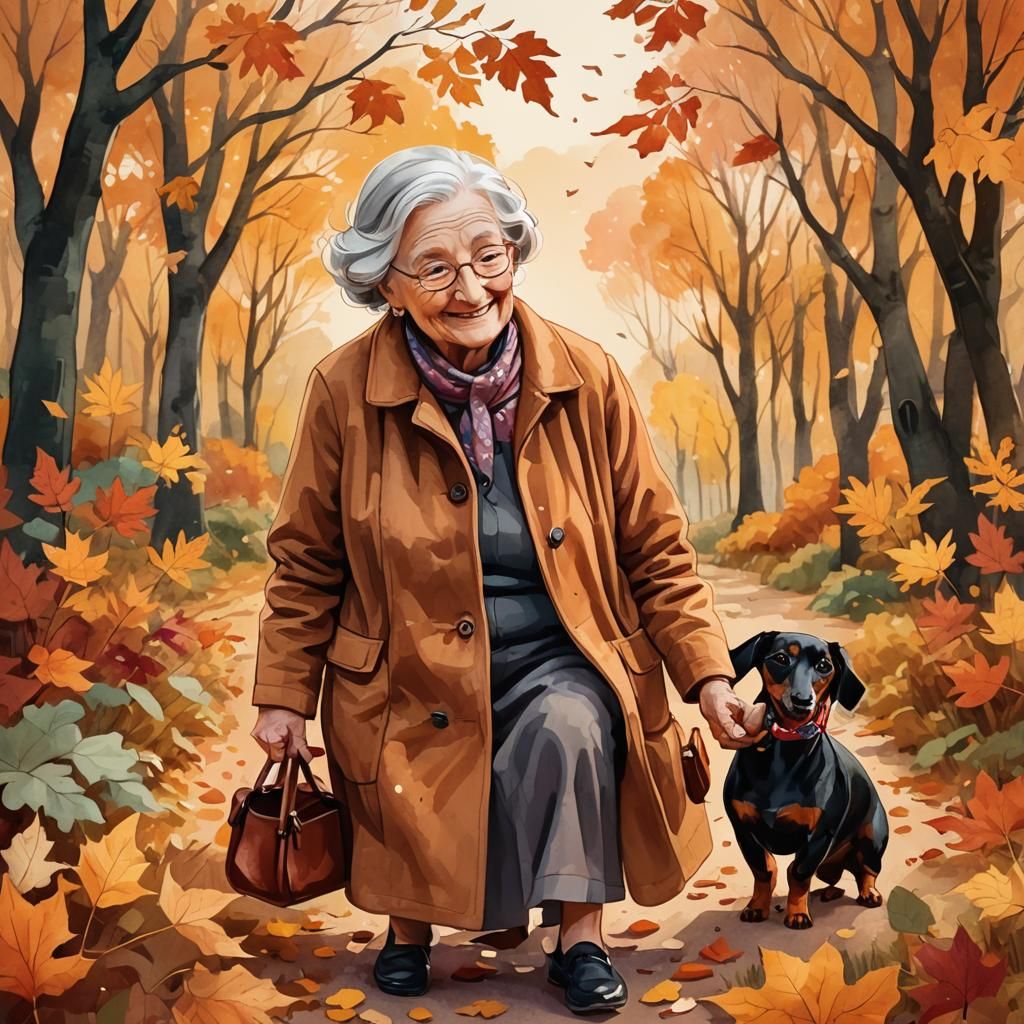 Joyful Autumn Masterpiece with a Happy Old Woman and Her Fur...