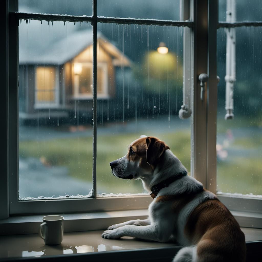 Dog Waits Patiently in Rainy Window Scene