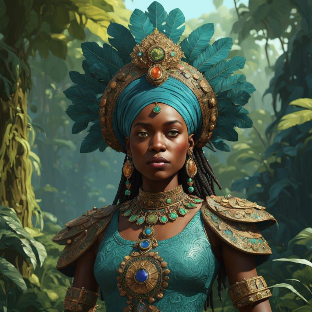 Majestic African Fantasy Queen in Emerald Jungle