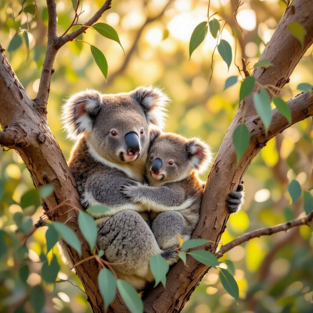 Koalas in Eucalyptus Tree, Impressionistic Style