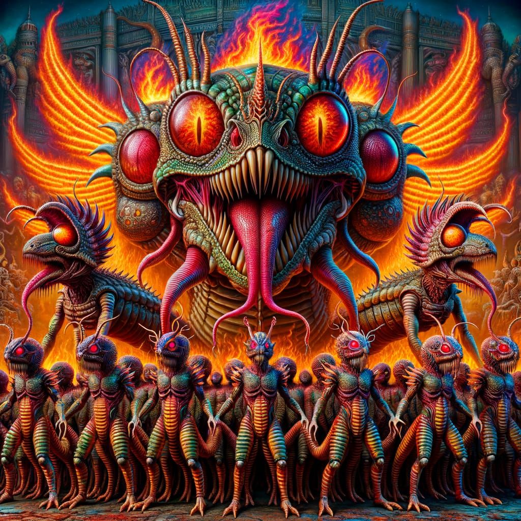 Psychedelic Scorpion Humanoids in Ancient Temple