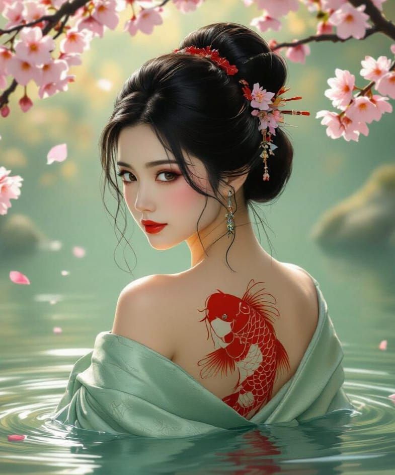 Jade Sculpture of Woman with Koi Tattoo