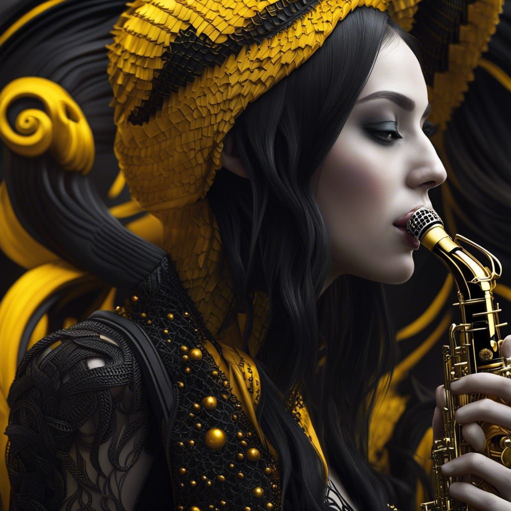 A goth girl playing on saxophone.