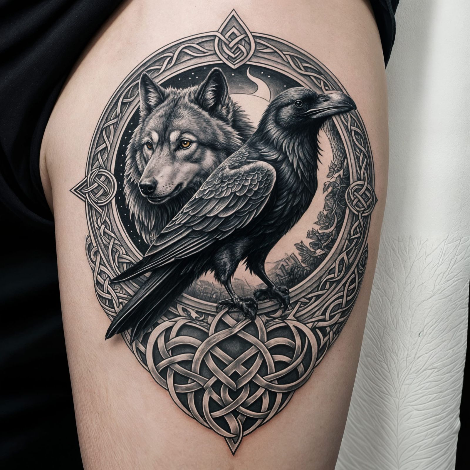 Photorealism fine grain meticulous detain Black and gray tattoo of a raven and a wolf celestial theme celtic knot