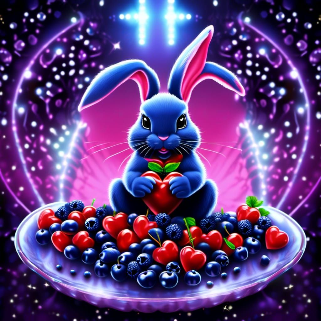 Surreal Bunny Meditates in Cherries and Cosmos