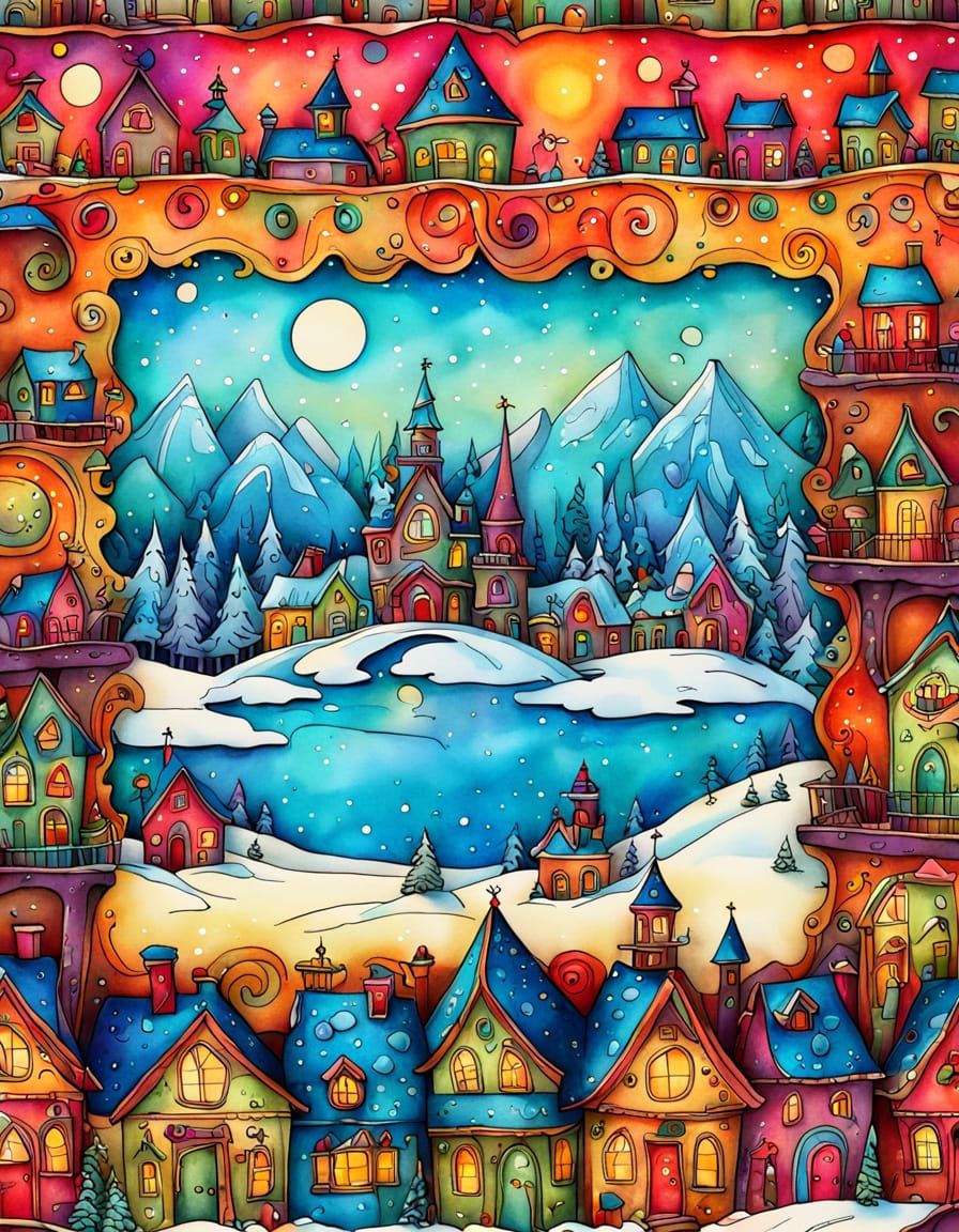 Whimsical Christmas Town Doodle Art