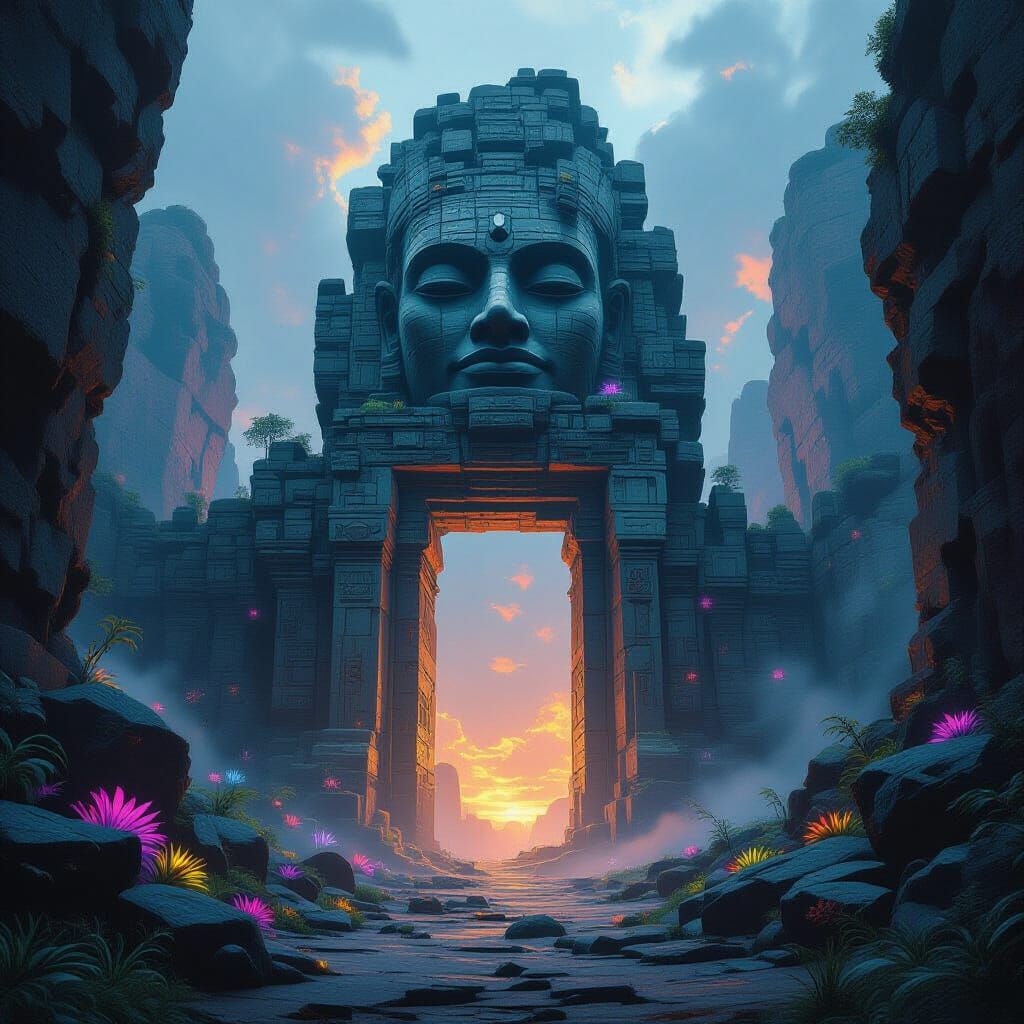 Ethereal Temple Doorway Amid Alien Flora