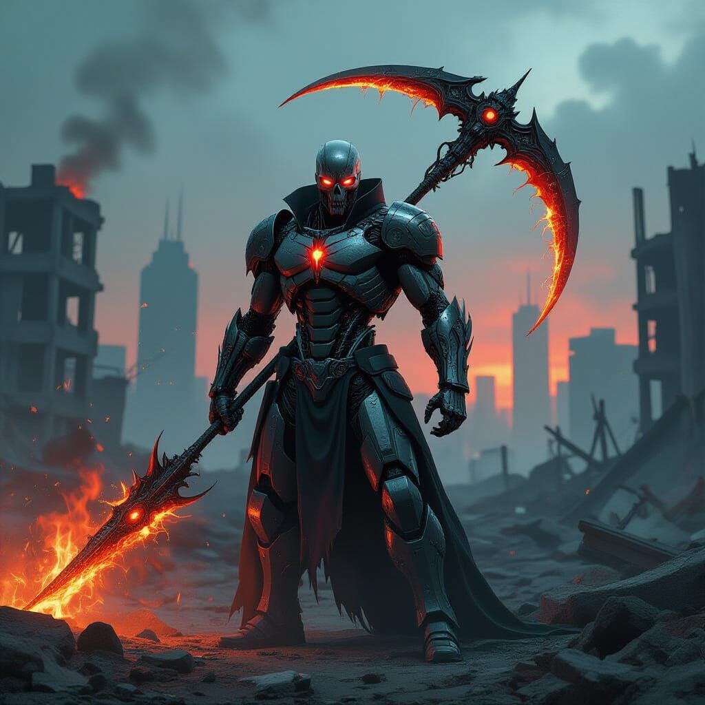 Radioactive Cyborg Assassin in Post-Apocalyptic Cityscape