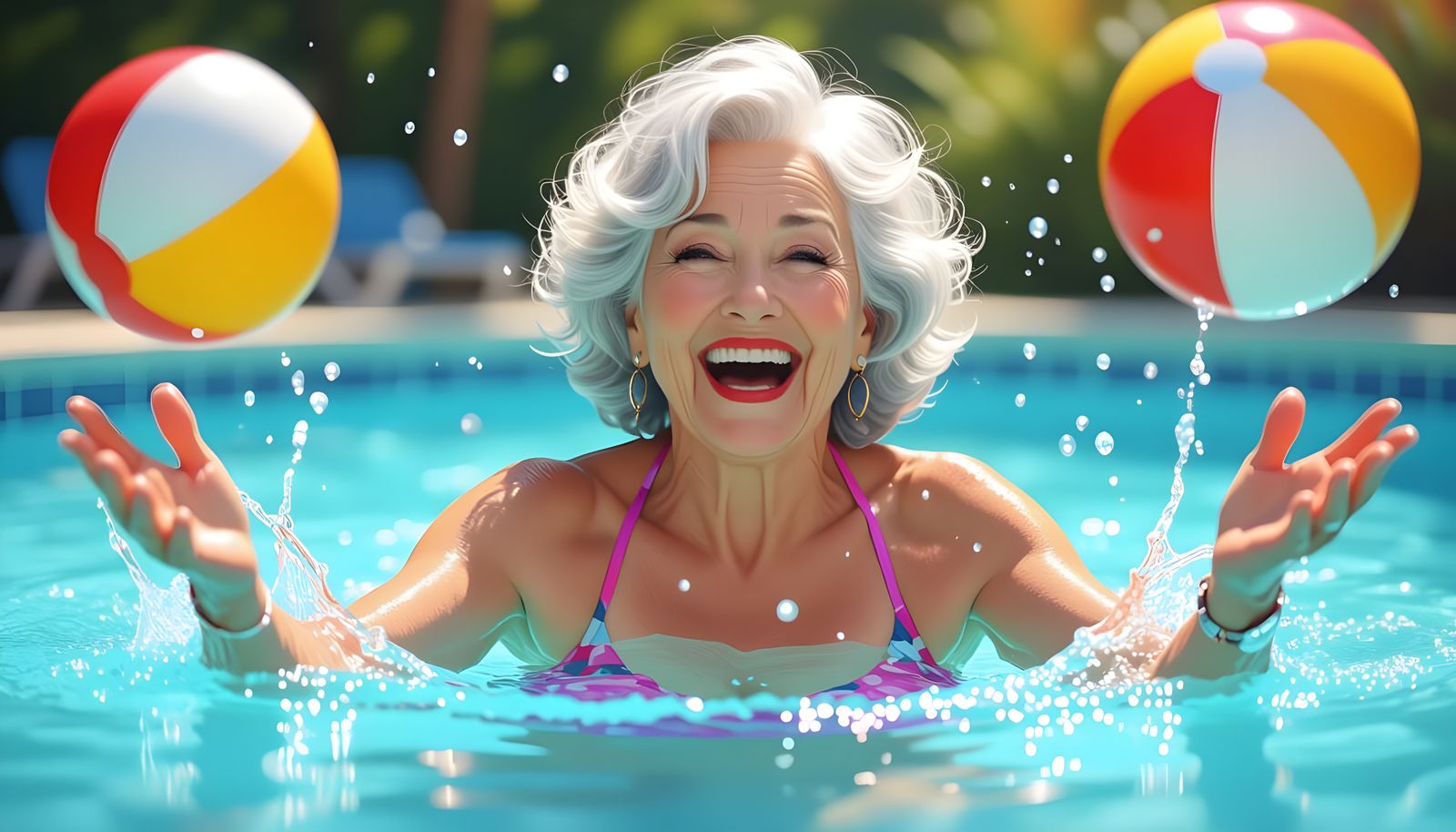 Cheerful Senior Woman Splashing in Pool with Glistening Wate...