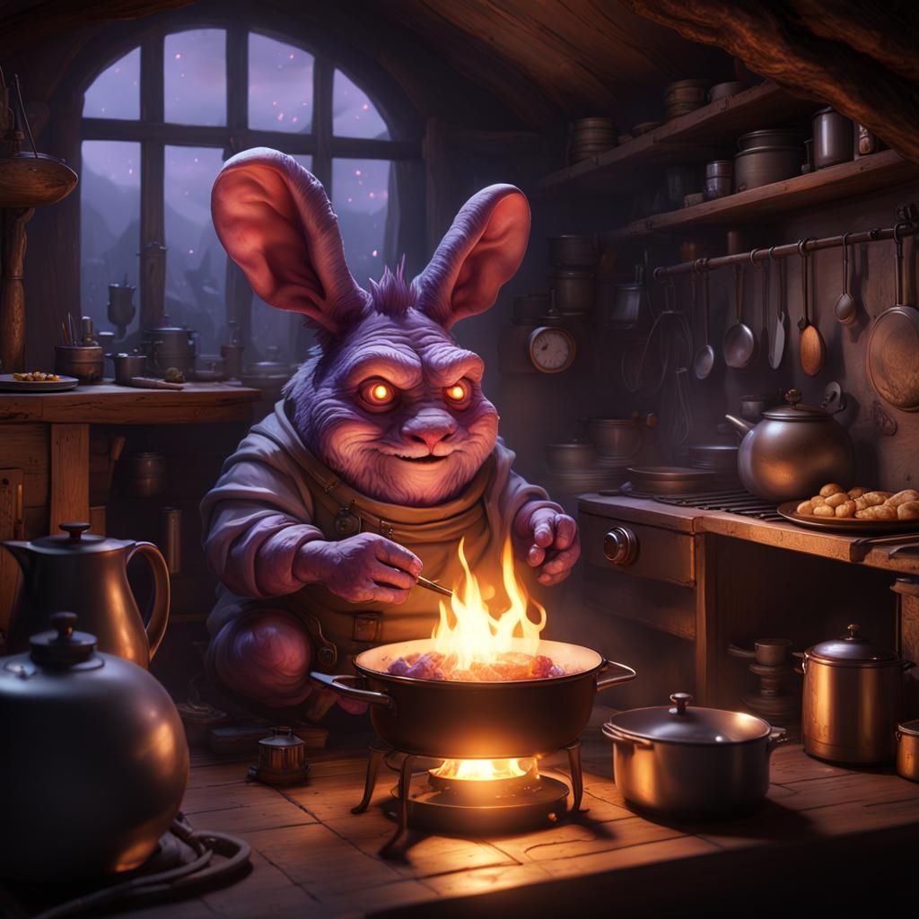 Zorb Creature Savoring Cozy Dinner in Warm, Dark Fantasy Dwe...