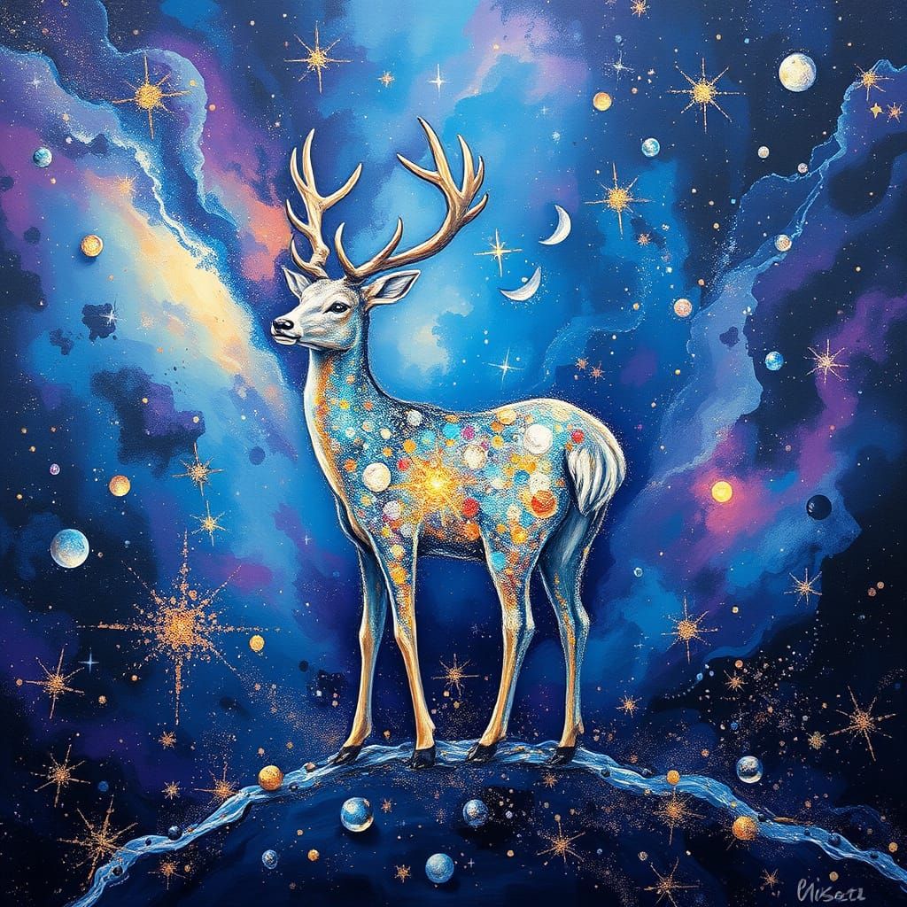 Stardust Deer in Dreamlike World: Neo-Impressionist Style