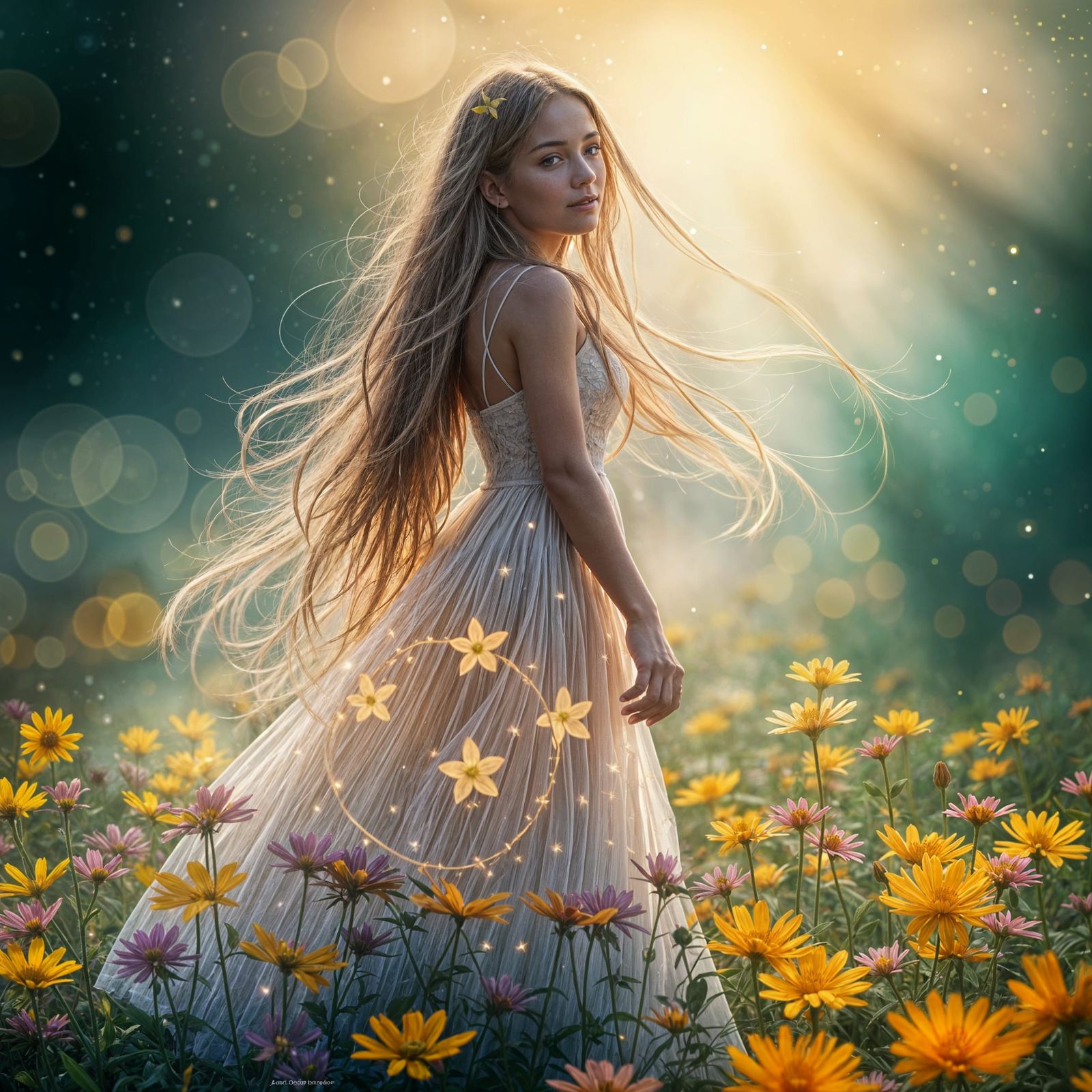 Ethereal Girl in Starlight Gown, Impressionistic Portrait