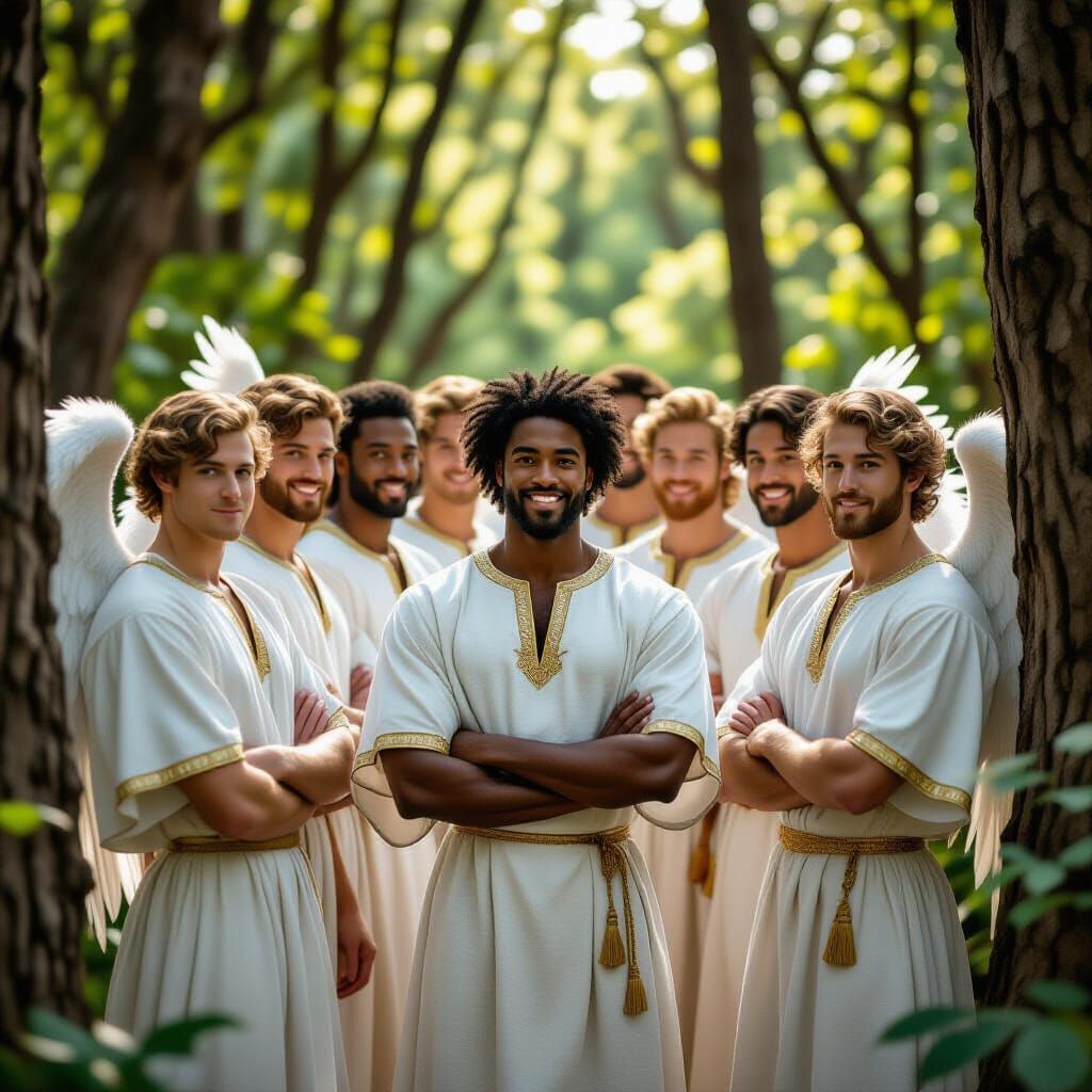 Angelic Gathering in Forest, Pre-Raphaelite Style