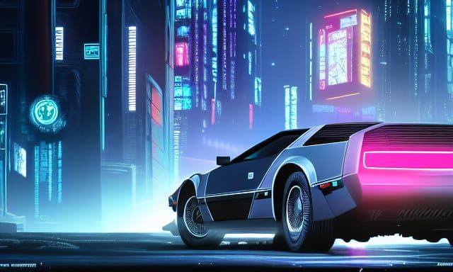 Sleek Cyberpunk DeLorean Conquers Futuristic Cityscape