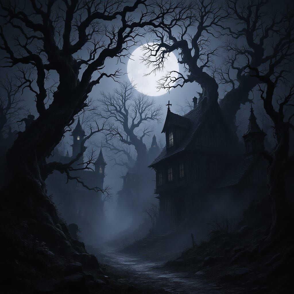 Gothic Horror Village Under Eerie Moonlight