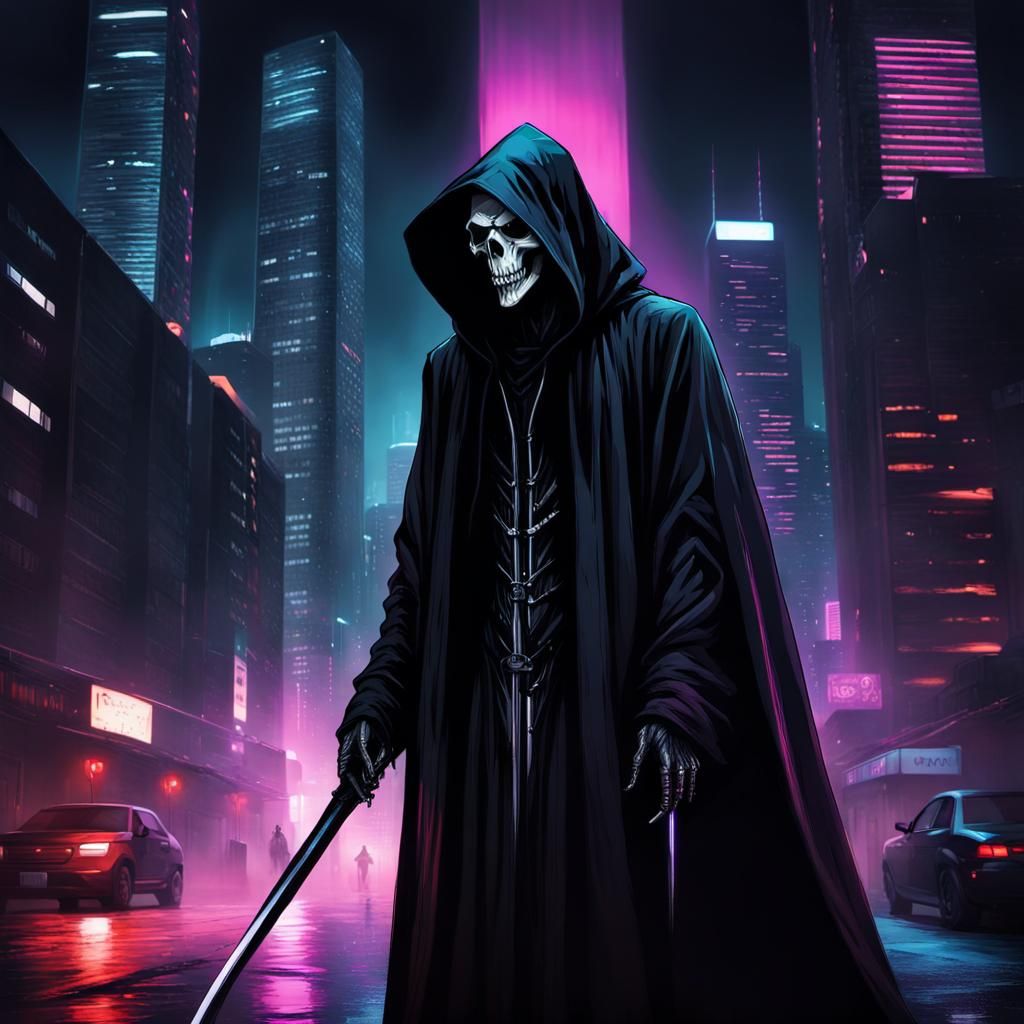Grim Reaper Emerges from Shadows in Modern Metropolis