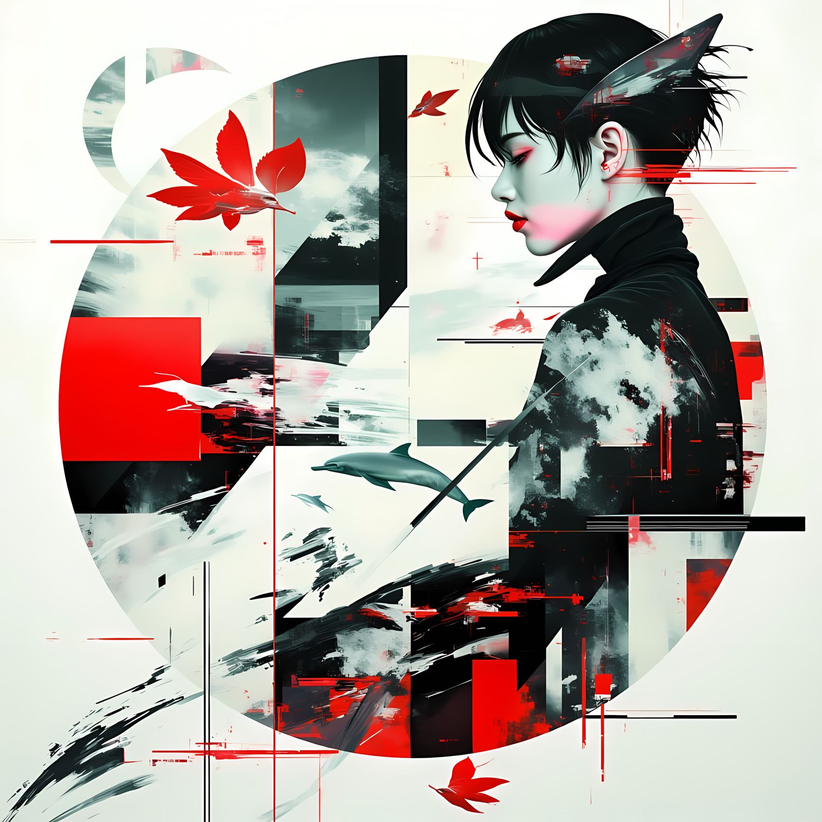 Black and White Dolphin in Vibrant Red