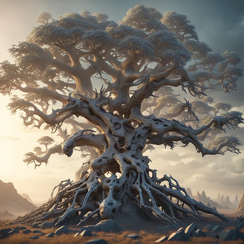 Surreal Skeleton Oak Tree in Futuristic Landscape