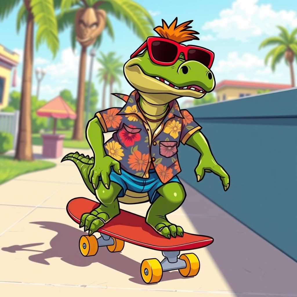 Colorful Cartoon Crocodile Rides Skateboard in Looney Tunes....
