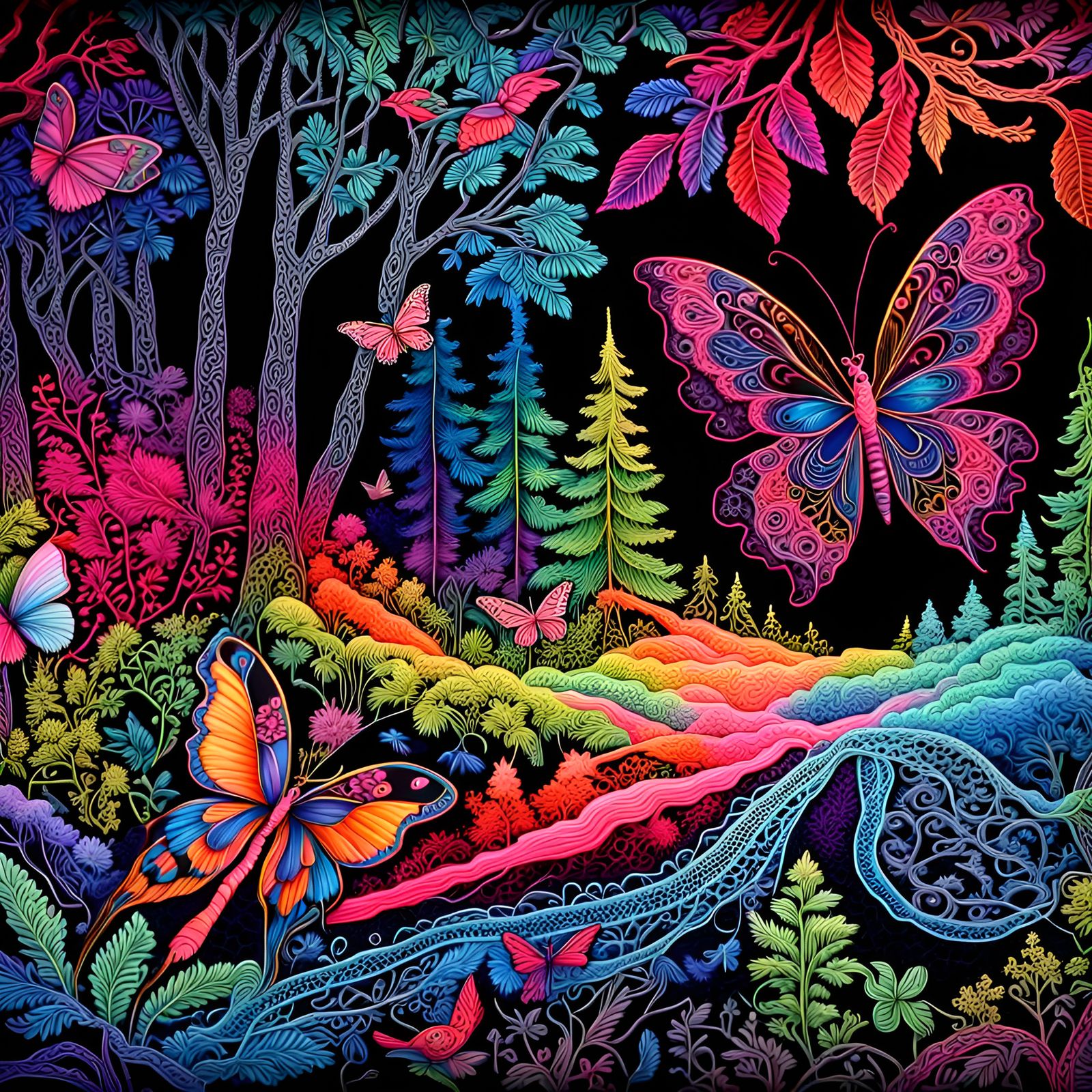 Prismatic neon painted on black velvet,  Fantasy fairy fores...