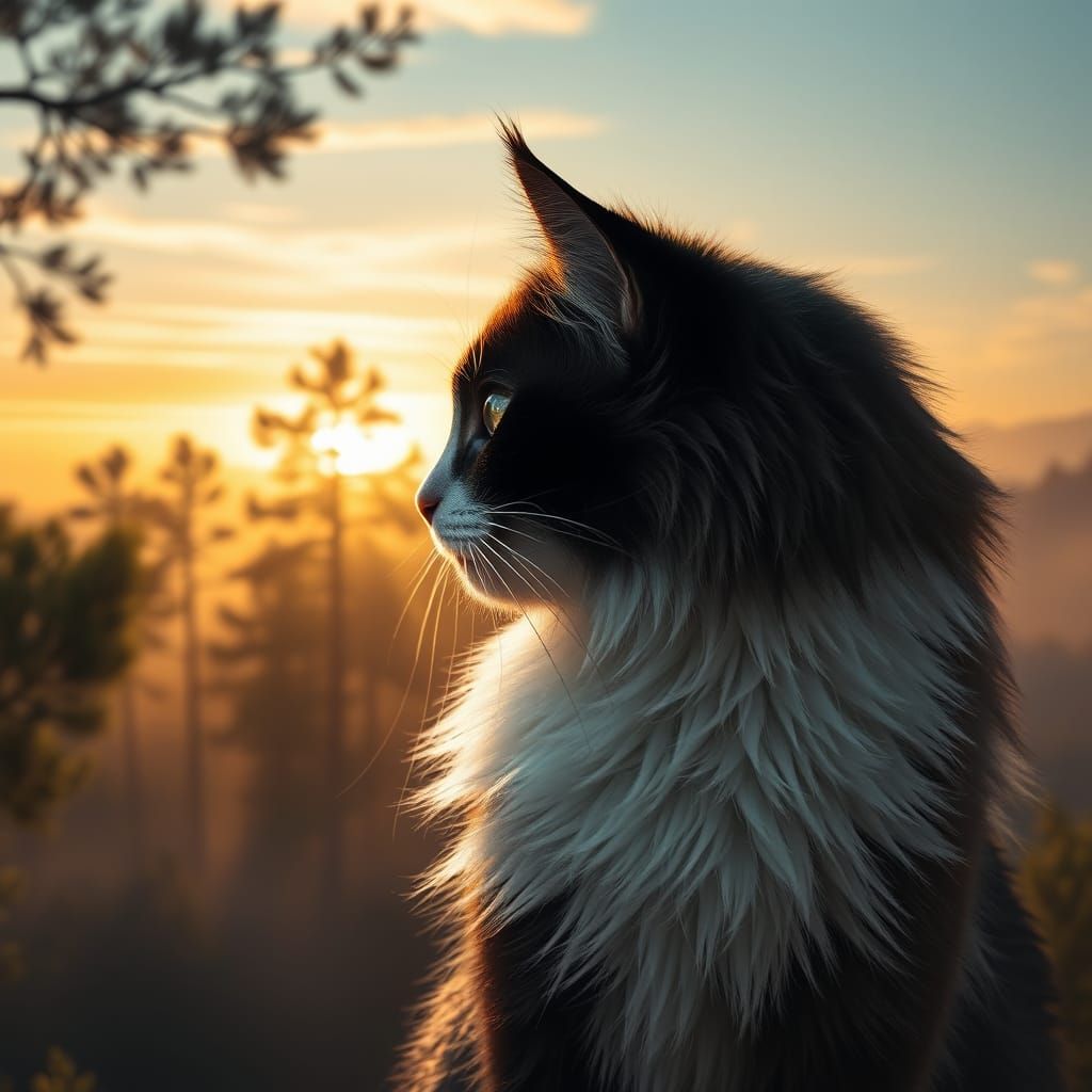 Surreal Morning Portrait of a Fluffy Cat Amidst Trees