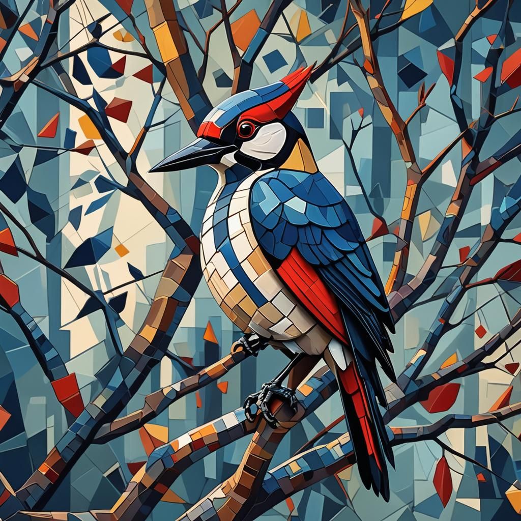 Cubist Woodpecker in Geometric Fantasy Style