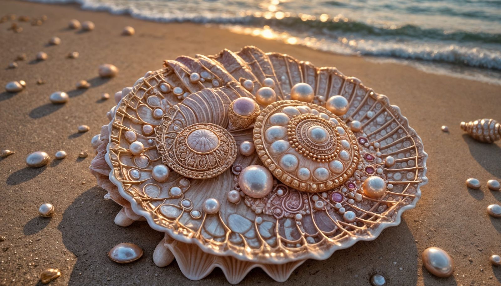 Mandalas on Seashell, Vibrant Beach Scene