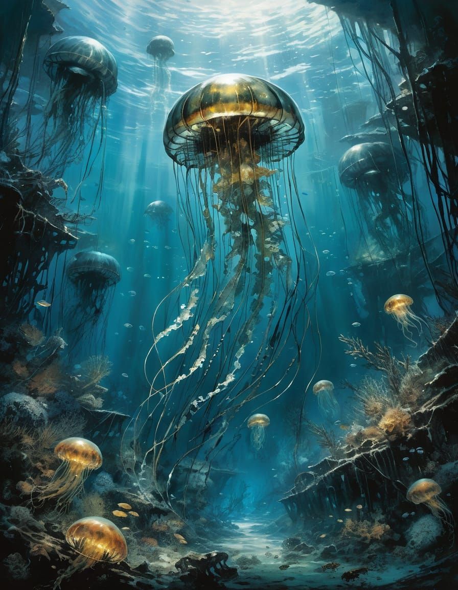 Jellyfish in Kelp Forest, Comic Book Art