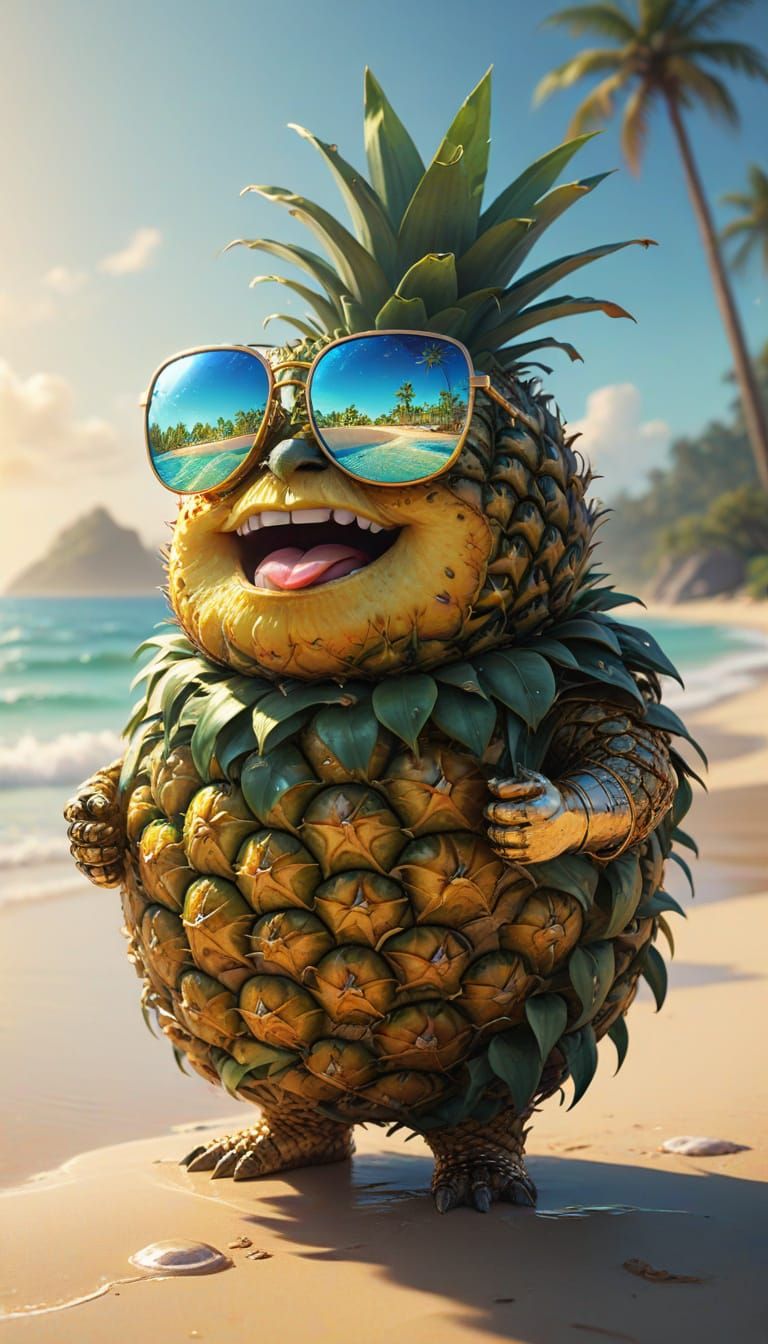 Chubby Pineapple Character Sips Margarita on Sunny Beach
