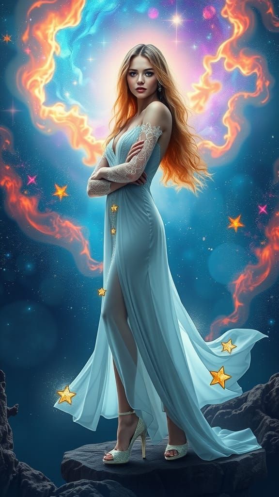 Celestial Goddess in Nebula Sea: Art Nouveau Portrait