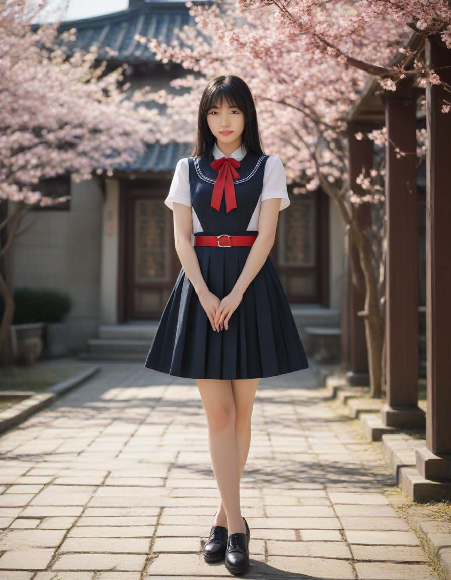 Kaori in Shrine Courtyard with Cherry Blossoms