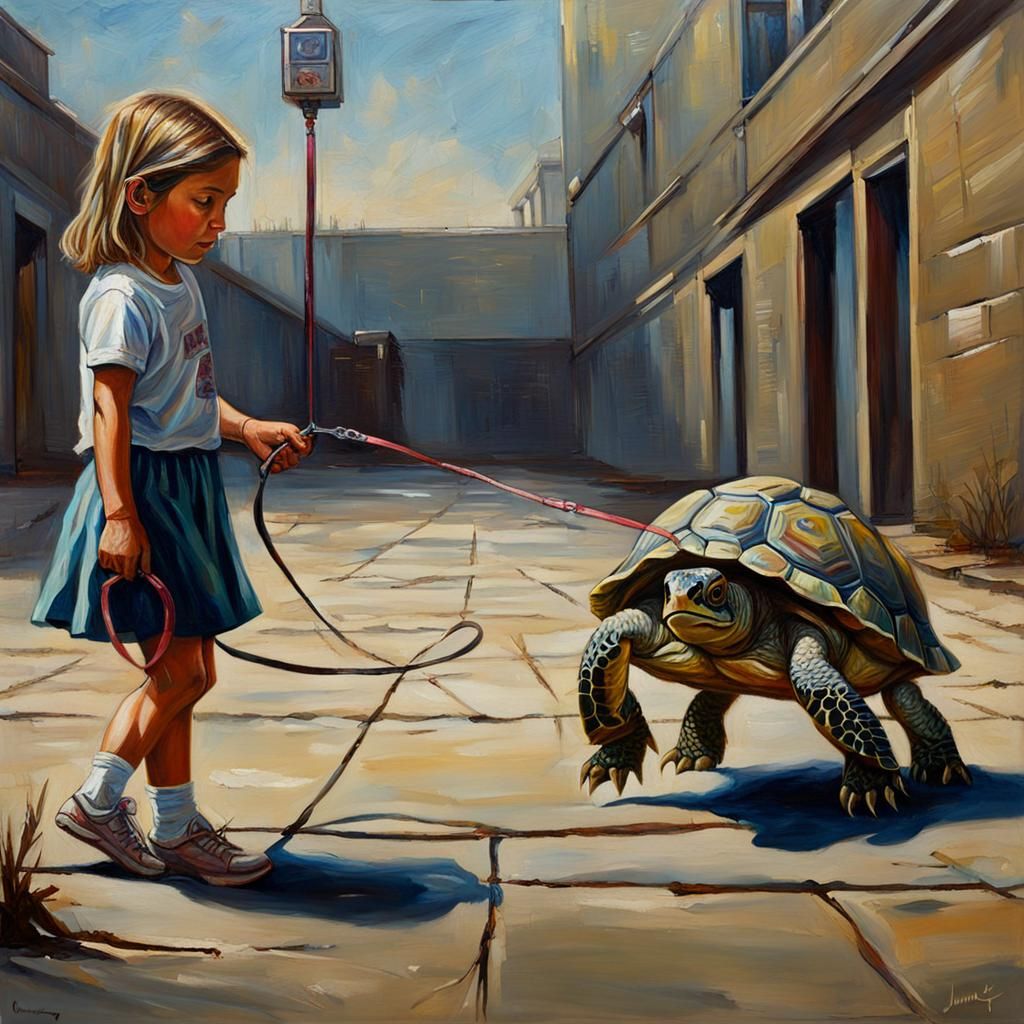 Cyborg Turtle Portrayed in Whimsical Oil Painting