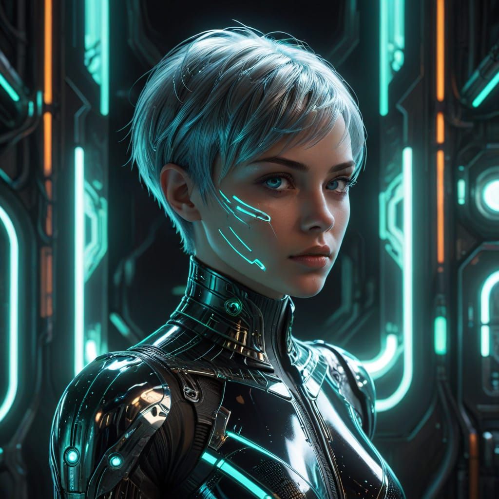 Girl in Cyberpunk Futuristic Outfit Focuses on Holographic I...