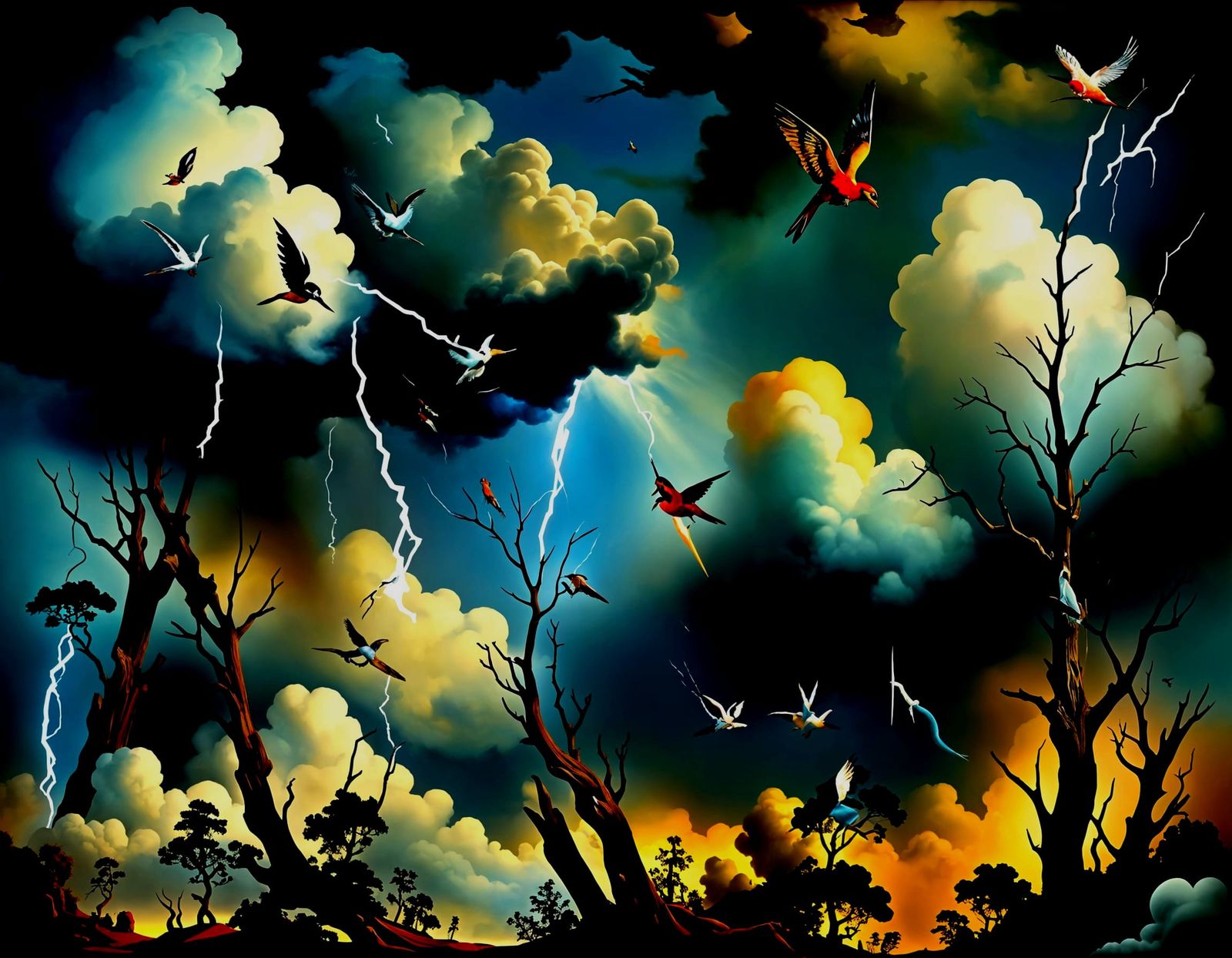 Dreamlike Forest Scene with Birds in a Dali-Inspired Lightni...