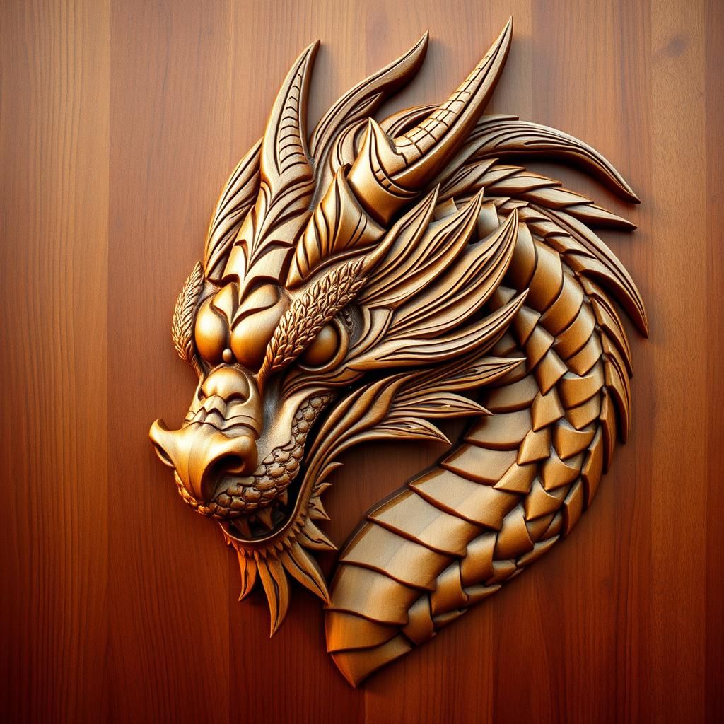 Regal Wood Dragon Portrait in Warm Brown Wood