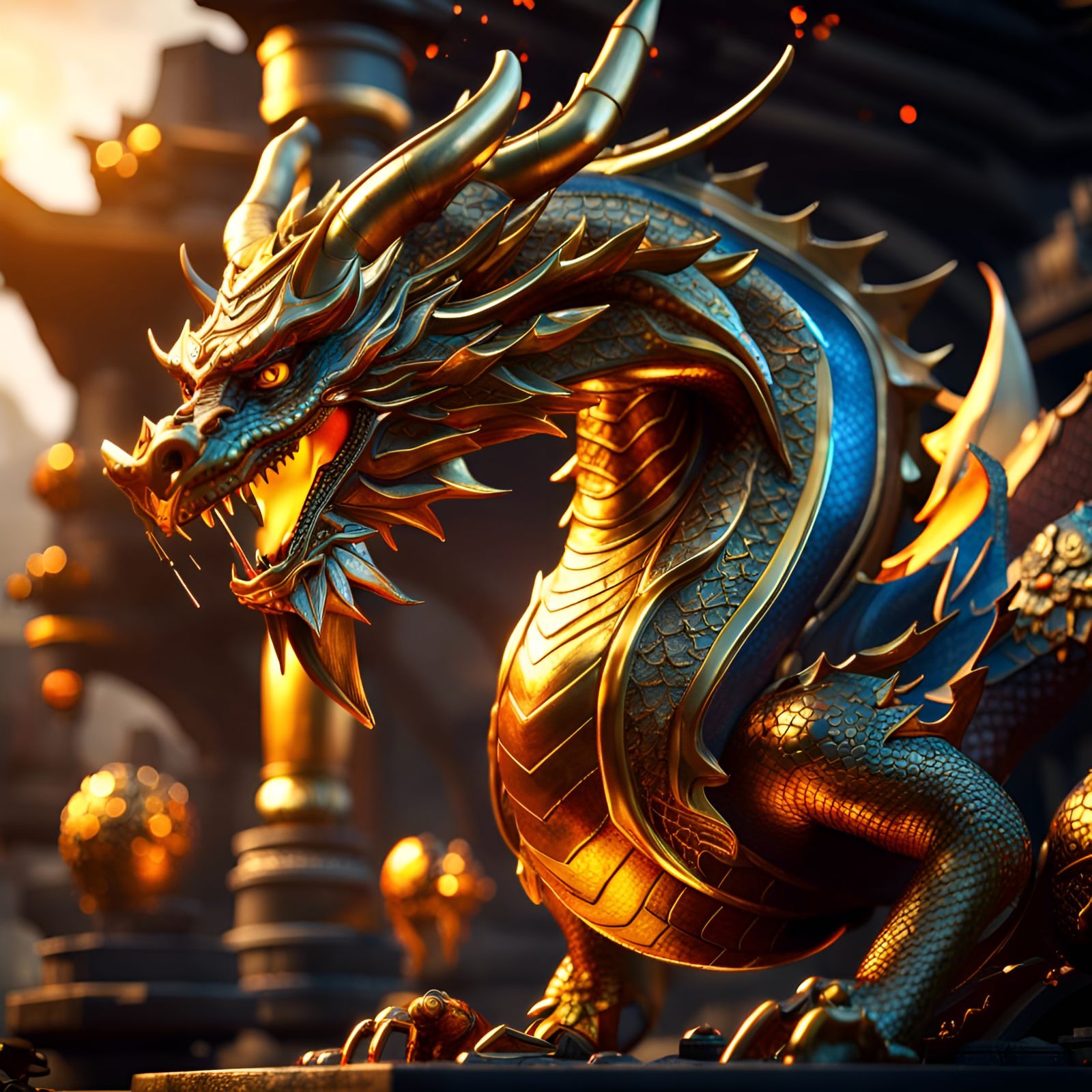 Golden Dragon in 3D Game Cinematic Style